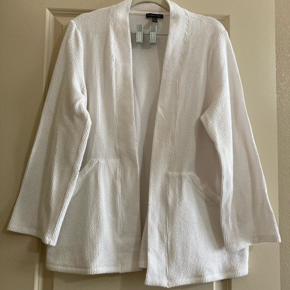Eileen Fisher White Open Front Cardigan Sweater Cotton/Polyester/Spandex Medium